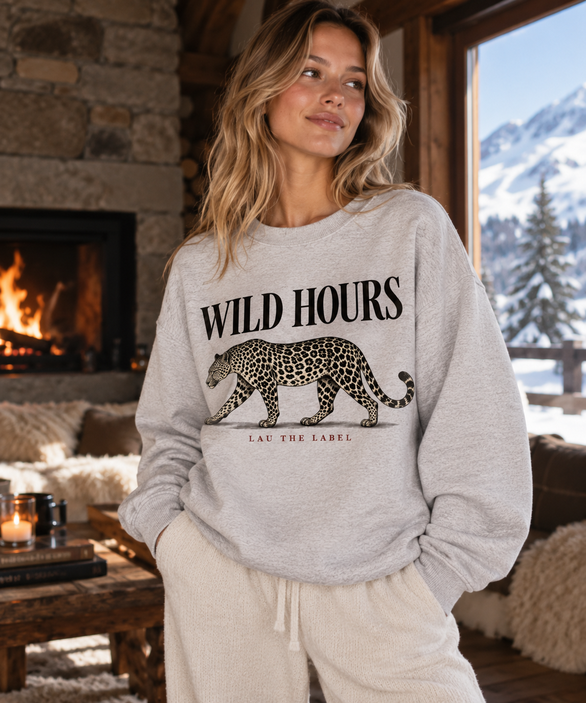 WILD HOURS SWEATSHIRT in Heather Grey, voorkant met luipaardprint, staand in een chalet