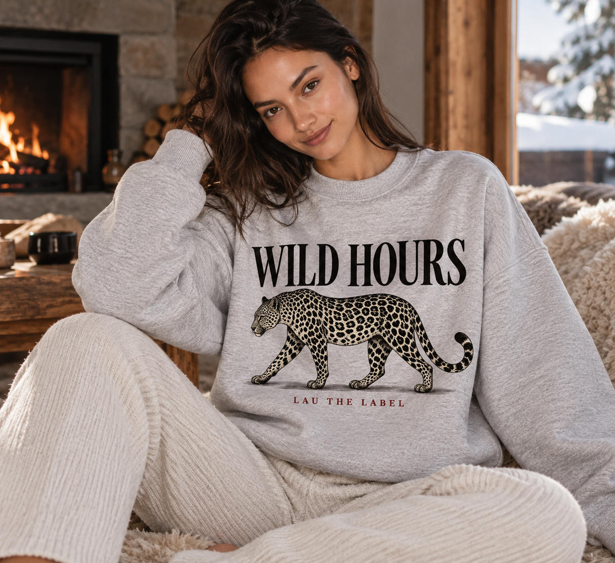 WILD HOURS SWEATSHIRT in Heather Grey, voorkant met luipaardprint, zittend bij de open haard